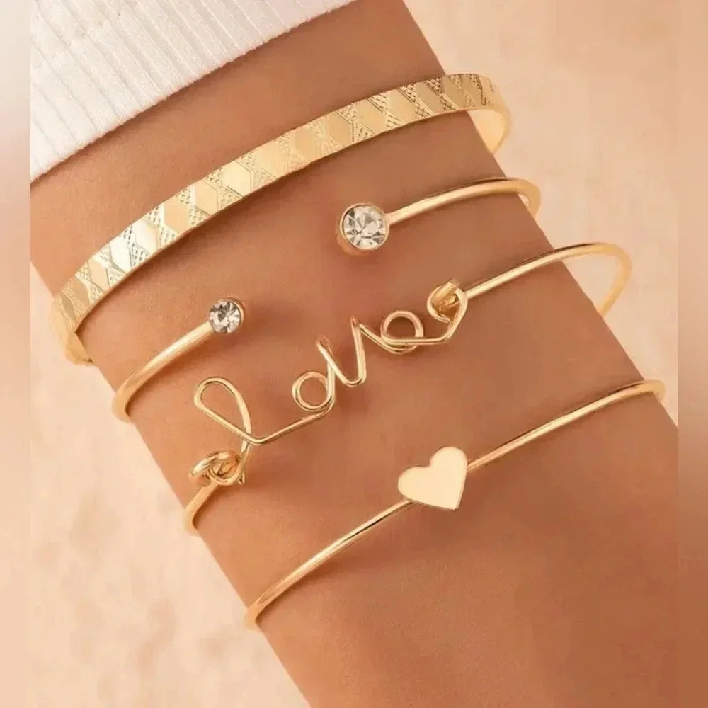 4 pcs alloy bracelet set geometric stackable & detachable stainless steel